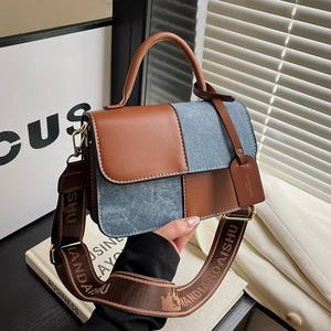 Color Block Stitching Women Crossbody Bag PU Leather Wide Shoulder Strap Square Handbag Retro Fashion Daily Casual