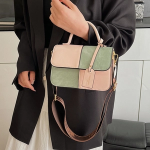 Fashionable color-block crossbody square bag with wide strap and gold hardware