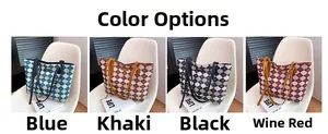 Detailed grid view of quilted knit tote bags in blue, khaki, black, and burgundy colors