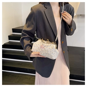 White pearl shell bag featuring butterfly embroidery and elegant metal clasp with long chain