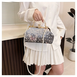 Detail of grey velvet shell bag featuring pearl bead handle and butterfly embroidery