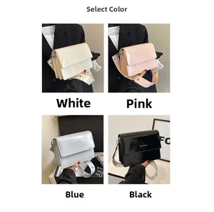 Glossy patent leather crossbody bags in white, pink, blue and black with woven straps