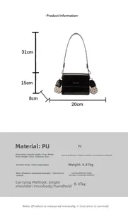 Detailed size chart of patent leather square bag with dimensions 20x15x8cm and strap info