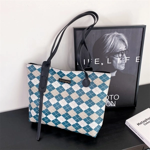 Women Large Capacity PU Leather Argyle Diamond Pattern Tote Bag Fashion Retro Korean Shoulder Handbag For Daily Commuting