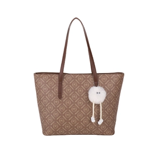 Brown vintage tote bag with MEIXING logo print and a cute white plush keychain accessory