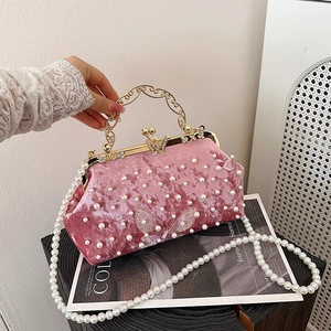 Vintage Velvet Evening Bag For Women With Butterfly Embroidery Artificial Pearl Beaded Shell Shape Metal Handle Artificial Pearl Chain Strap
