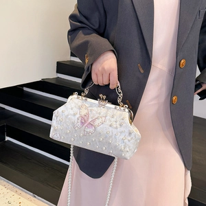 Elegant pearl shell bag with butterfly embroidery and vintage hollow metal handle