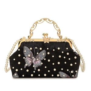 Elegant black velvet shell bag with pink butterfly embroidery and pearl shoulder strap