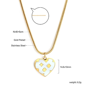 Detail of clover heart shell pendant necklace with size specs and snake chain