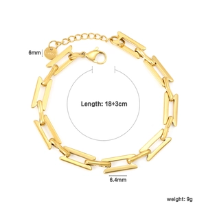 Detail view of 6.4mm gold-plated stainless steel link bracelet with lobster clasp and tag