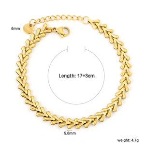 Punk style golden stainless steel bracelet with leaf links and lobster clasp, 17+3cm