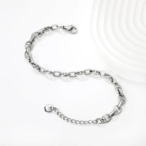 Detail view of silver stainless steel anchor chain bracelet with adjustable lobster clasp