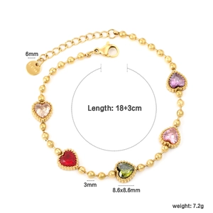 Gold beaded bracelet with heart-shaped colorful zircons and adjustable stainless steel chain