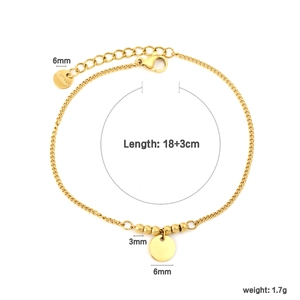 Minimalist gold stainless steel beaded chain bracelet with 6mm round disc pendant