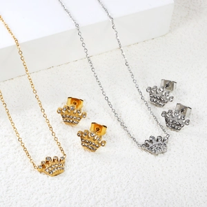 Crown jewelry set with cubic zirconia necklace and stud earrings in gold and silver