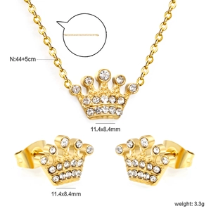 Golden crown jewelry set including crystal necklace and earrings for women