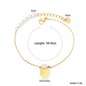 French style gold pearl bracelet featuring a shell pendant and layered chain for women