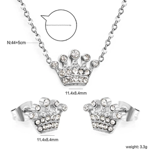 Detailed size parameters of crown pendant necklace and earrings set with white zircon