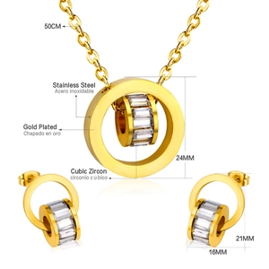 Gold plated stainless steel jewelry set with round cubic zirconia pendant and earrings