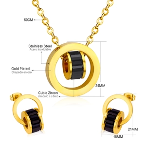 Detailed view of gold plated jewelry set featuring black cubic zirconia circles