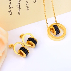 Elegant gold and black circular pendant necklace and stud earrings jewelry set for women