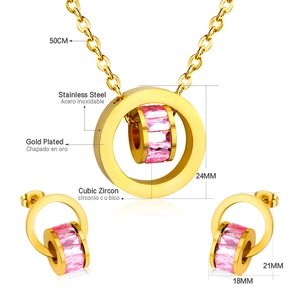 Gold-plated stainless steel jewelry set with circular pink cubic zirconia pendants
