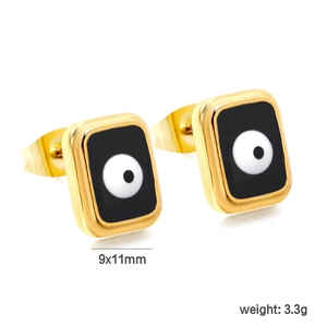 Rechthoekige gouden boze oog oorbellen met zwart emaille en 9x11mm afmeting