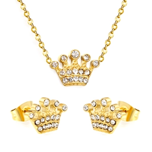 Golden crown jewelry set with white cubic zirconia earrings and necklace set