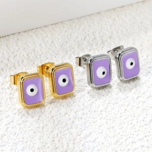 Rechthoekige evil eye oorknopjes met paars emaille in goud en zilver roestvrij staal