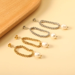 Stainless Steel Double Layer Bead Chain Artificial Pearl Drop Earrings French Retro Fashion Commuting Elegant Jewelry For Women
