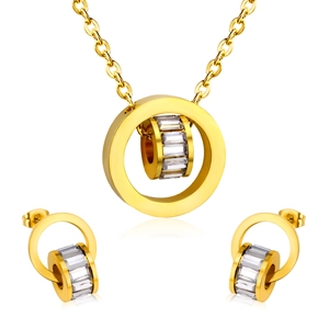 Golden stainless steel circle jewelry set with crystal pendant necklace and stud earrings