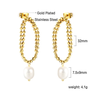 Detail view of gold plated stainless steel double bead hoop earrings with white pearls
