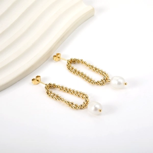 Elegant gold bead double chain earrings with white pearls in polished stainless steel