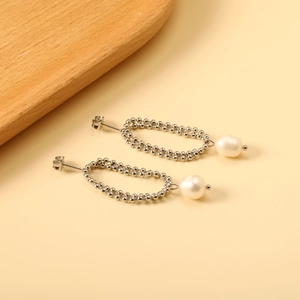 Elegant double-layered silver bead chain earrings with white teardrop pearls for women
