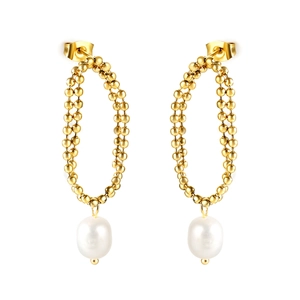 Golden beaded oval hoop earrings with teardrop white pearls in minimalist steel style
