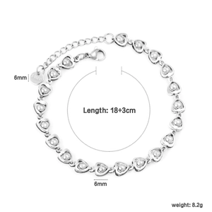 Stainless steel heart and pearl beaded bracelet with 18+3cm adjustable length and 6mm beads