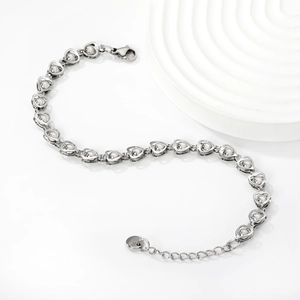 Silver stainless steel heart link bracelet with round beads and lobster clasp closure