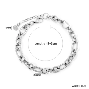 Silver stainless steel oval link chain bracelet with textured pattern and lobster clasp