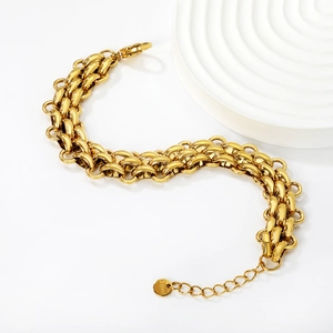Gold stainless steel multi-layer chunky Cuban chain bracelet with lobster clasp and charm
