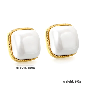 Detailed view of square white pearl earrings with golden braided frame edges, 16.4mm