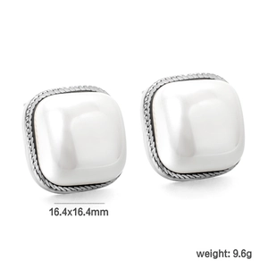 Detail view of square pearl earrings with silver twisted rope border, 16.4mm size