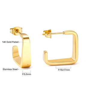 Détails des boucles d'oreilles carrées en C en acier inoxydable plaqué or 14K avec dimensions