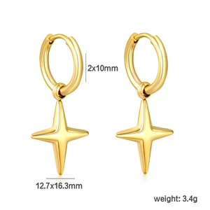 Detail view of 18K gold plated hoop earrings with star charms showing dimensions and weight