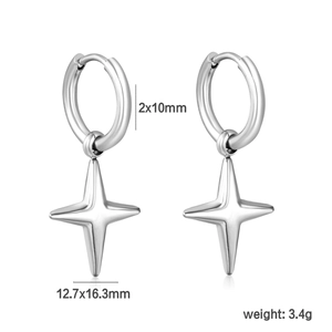 Technical drawing of stainless steel hoop earrings with star pendants and dimensions