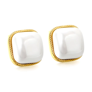 Elegant square gold earrings with white pearl inlay and twisted rope edge on white background