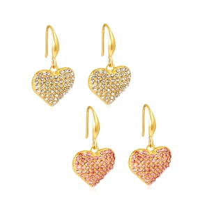 French style heart drop earrings with gold plating and sparkling crystals on white background