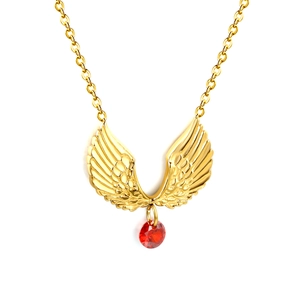 Collier rétro doré pour femme avec ailes d'ange et pendentif gemme rouge éclatant