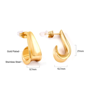 Detailed view of irregular twisted gold plated stainless steel J-shaped stud earrings