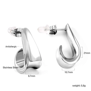 Detail view of J-shape stainless steel earrings with dimensions and antiallergic specs