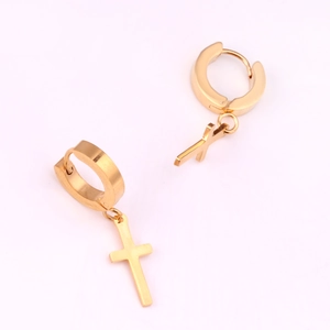 Classic gold stainless steel cross dangle hoop earrings with a polished metallic finish